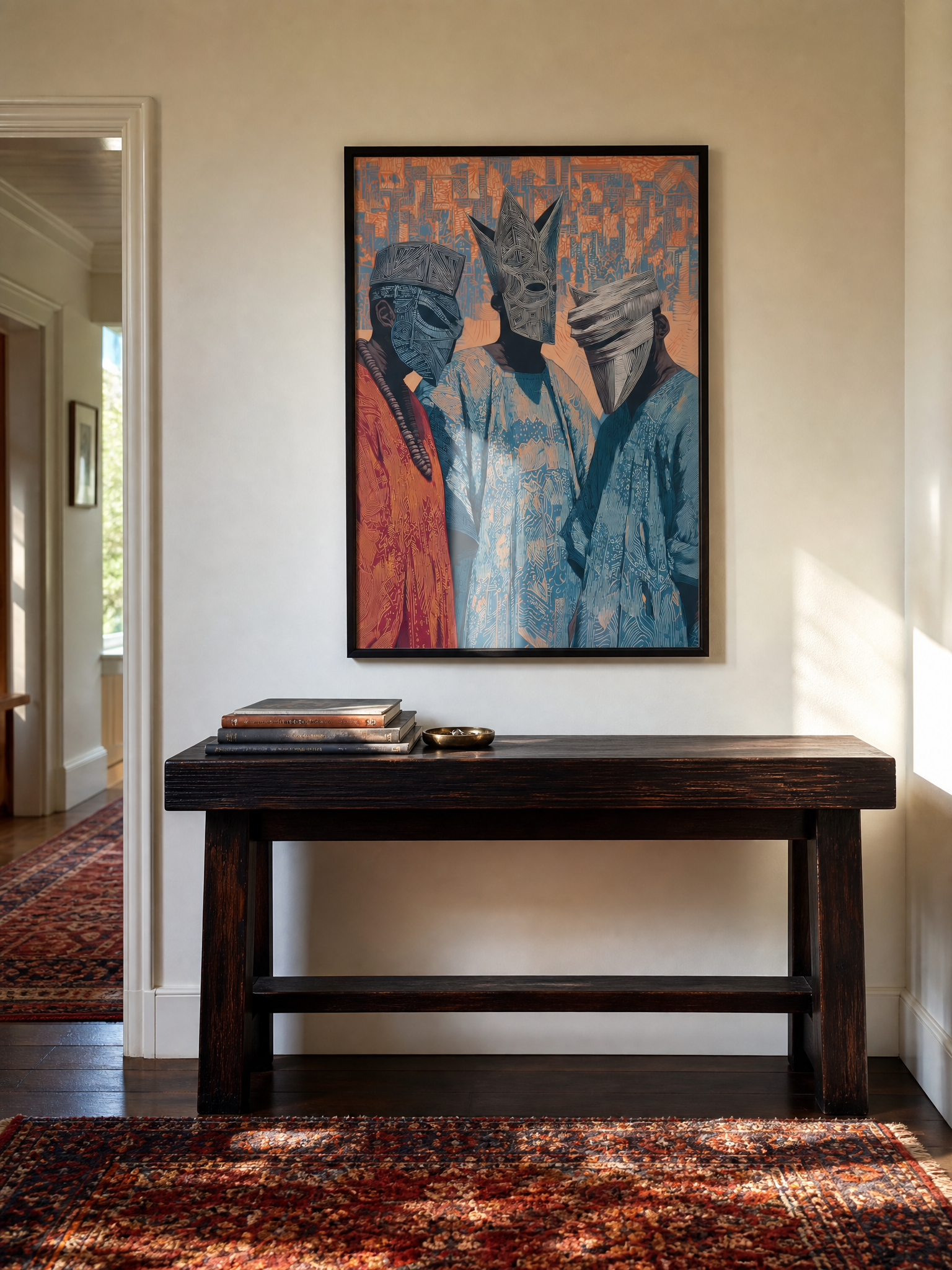 Sacred Faces framed art print styled in a room