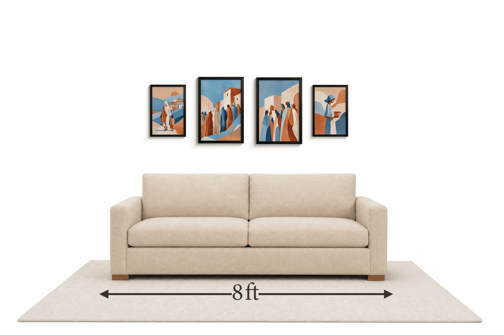 Small gallery wall above an 8 ft couch