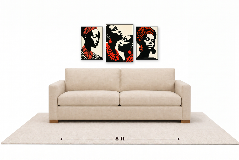 Large gallery wall above an 8 ft couch