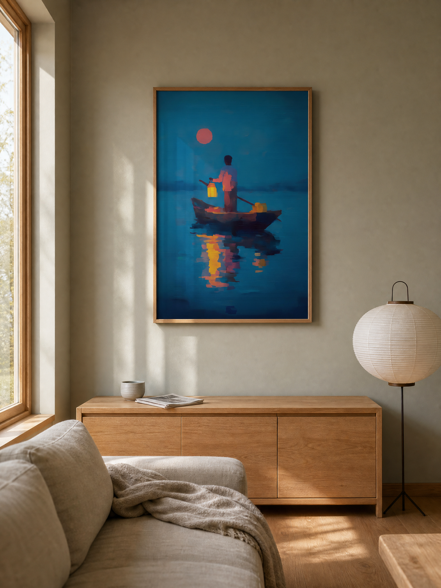 Light Across Waters framed art print styled in a room