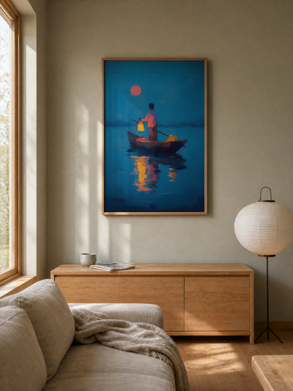 Light Across Waters framed art print styled in a room