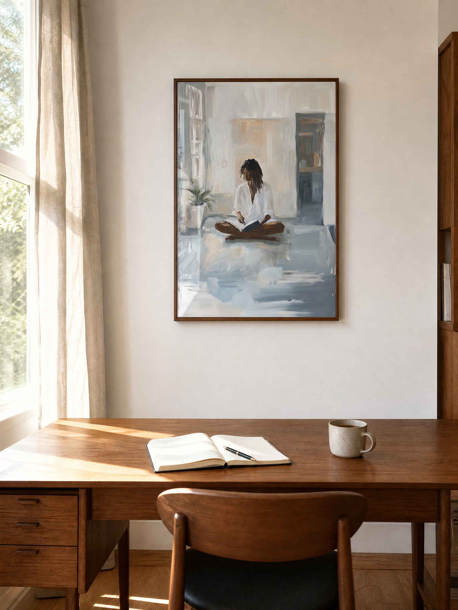 Written in Solitude framed art print styled in a room