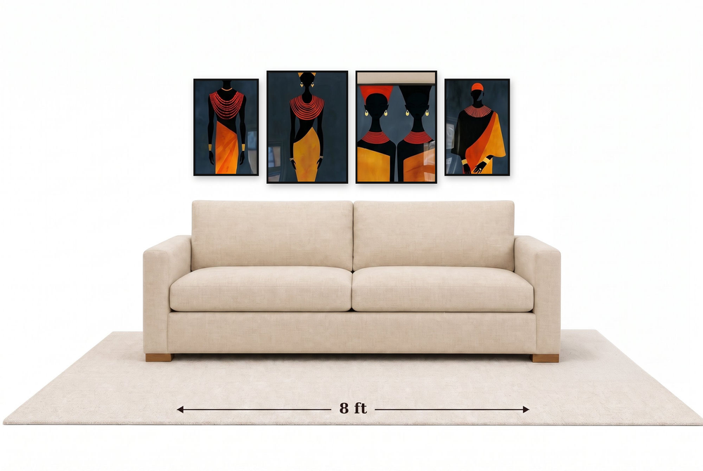 Large gallery wall above an 8 ft couch