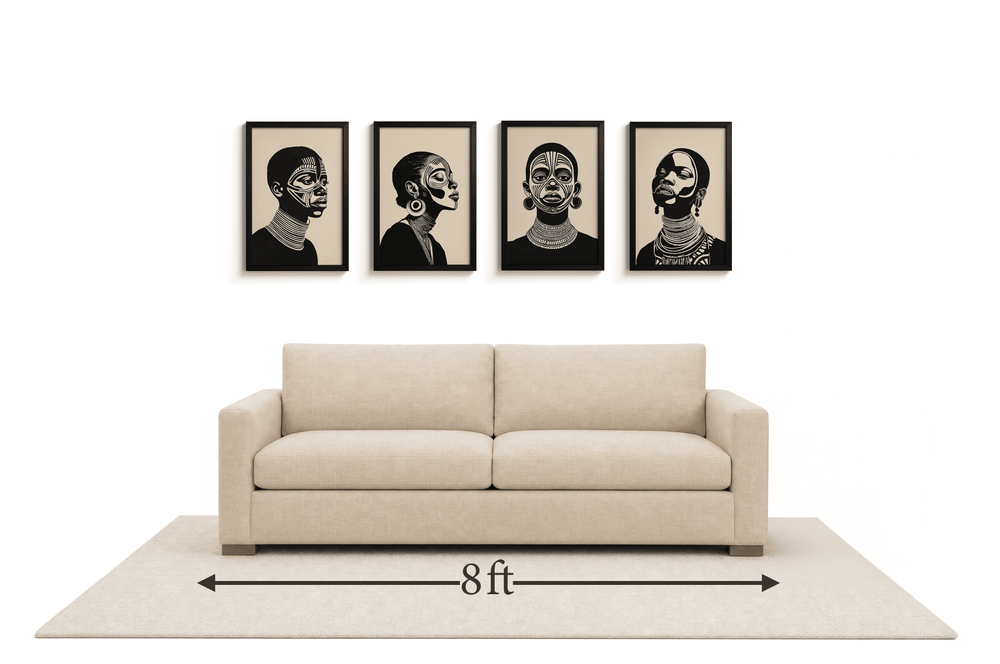 Large gallery wall above an 8 ft couch