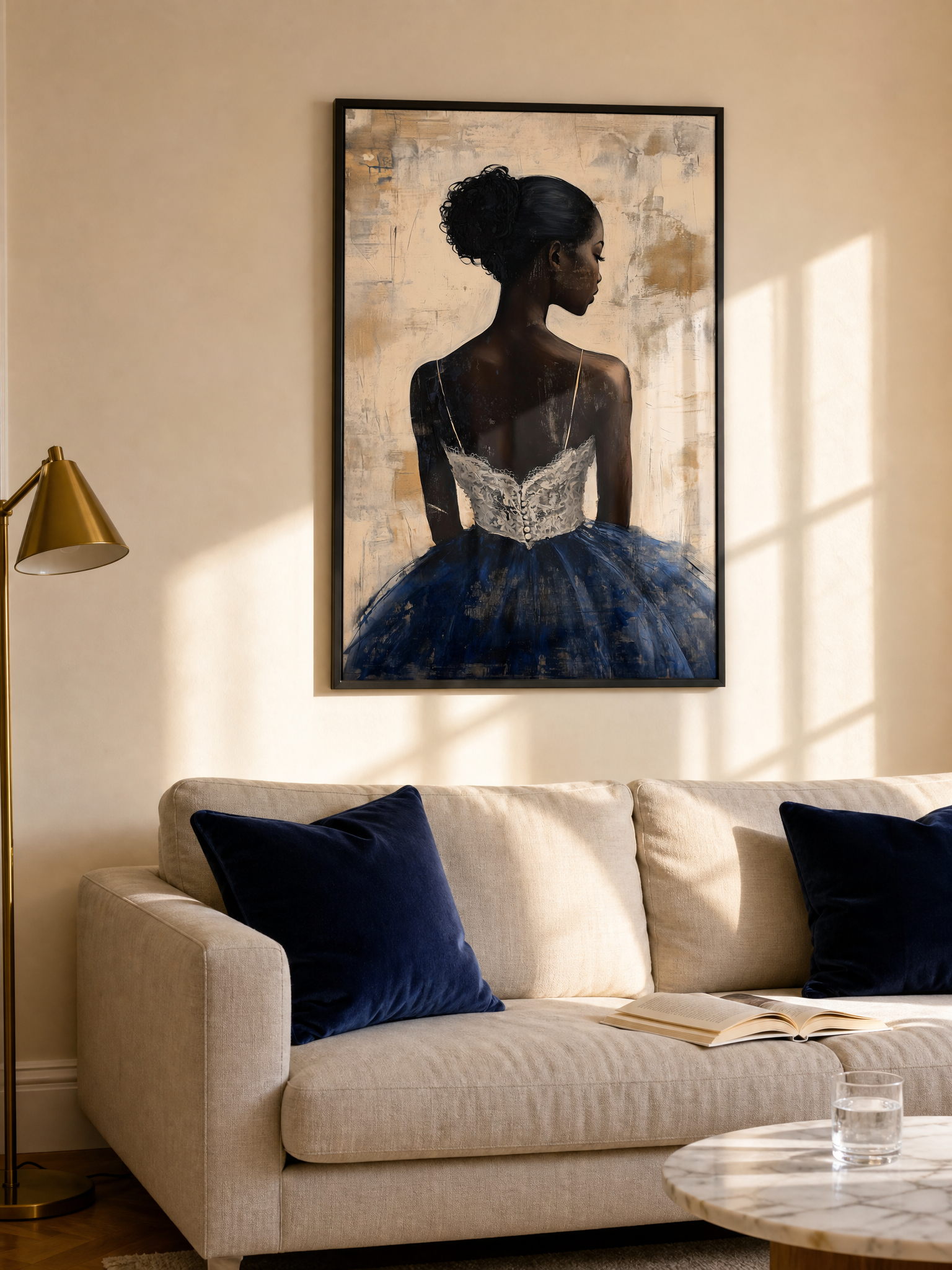 A Muse in Blue framed art print styled in a room