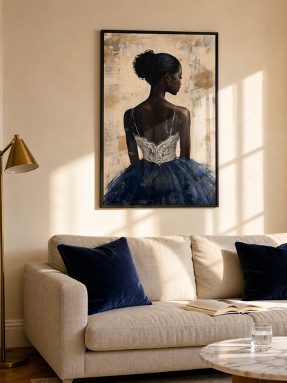 A Muse in Blue framed art print styled in a room