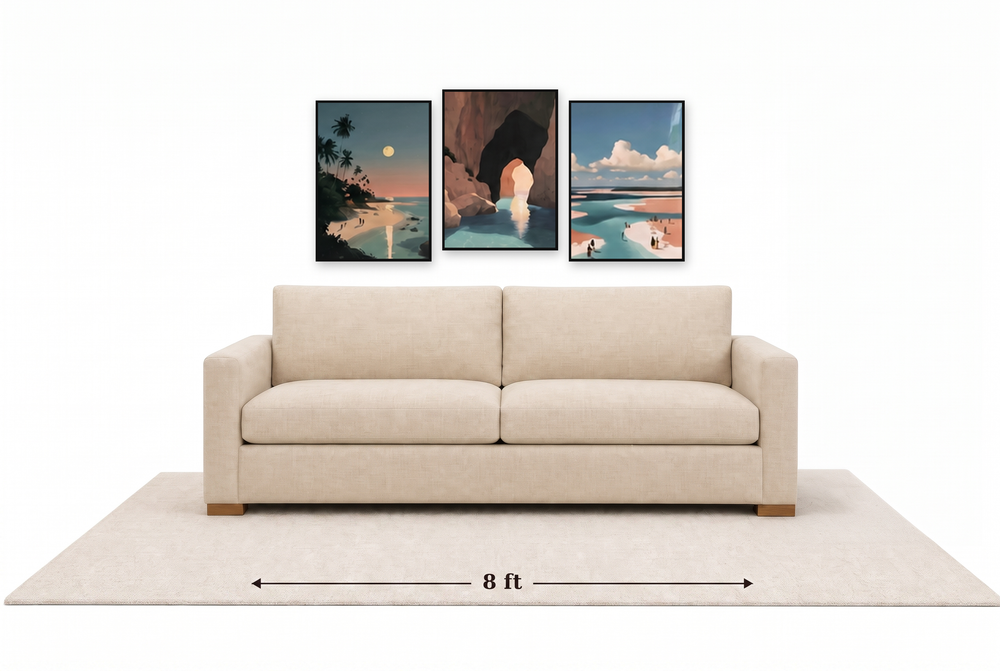 Large gallery wall above an 8 ft couch