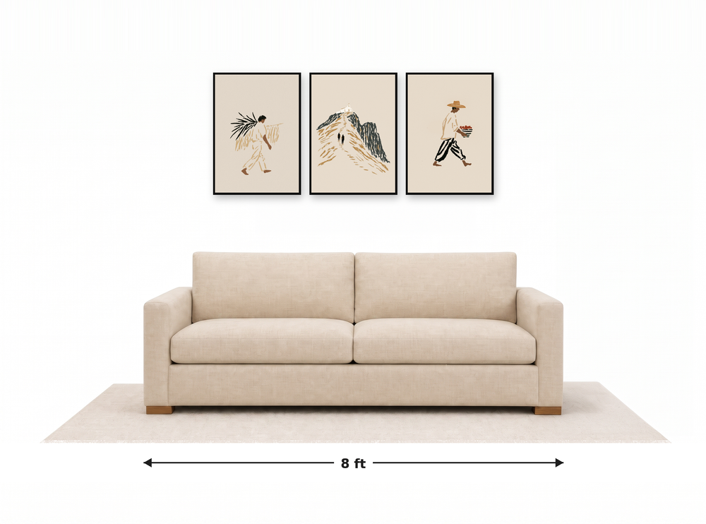 Large gallery wall above an 8 ft couch