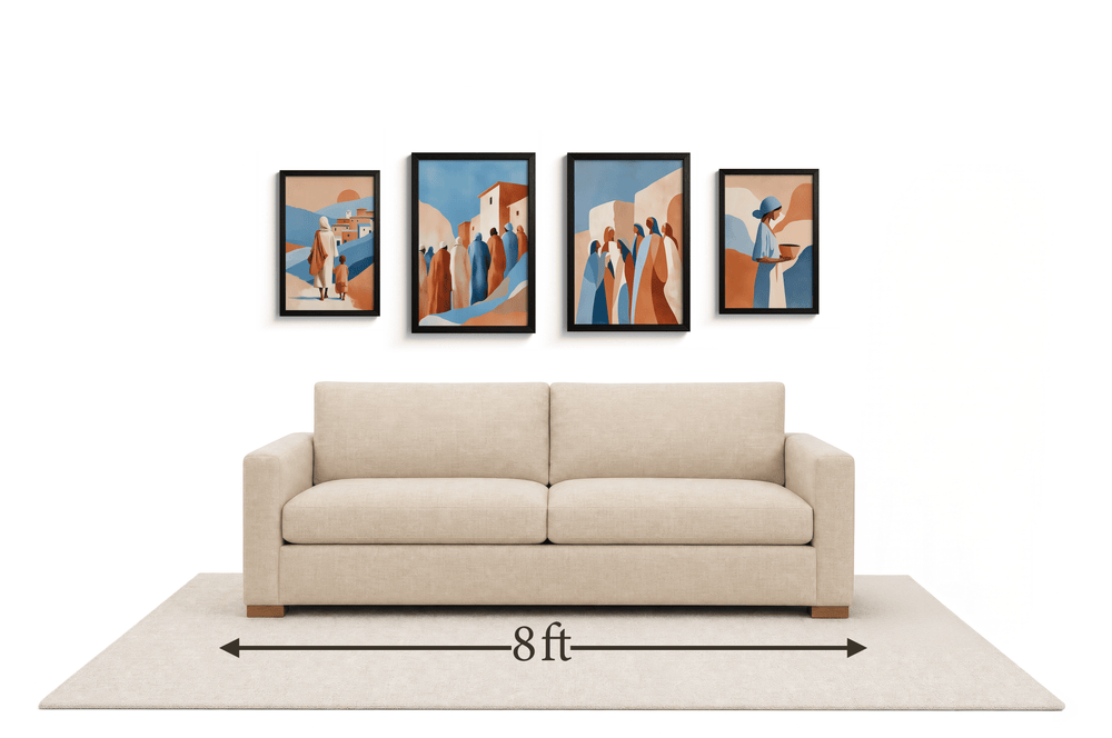 Large gallery wall above an 8 ft couch
