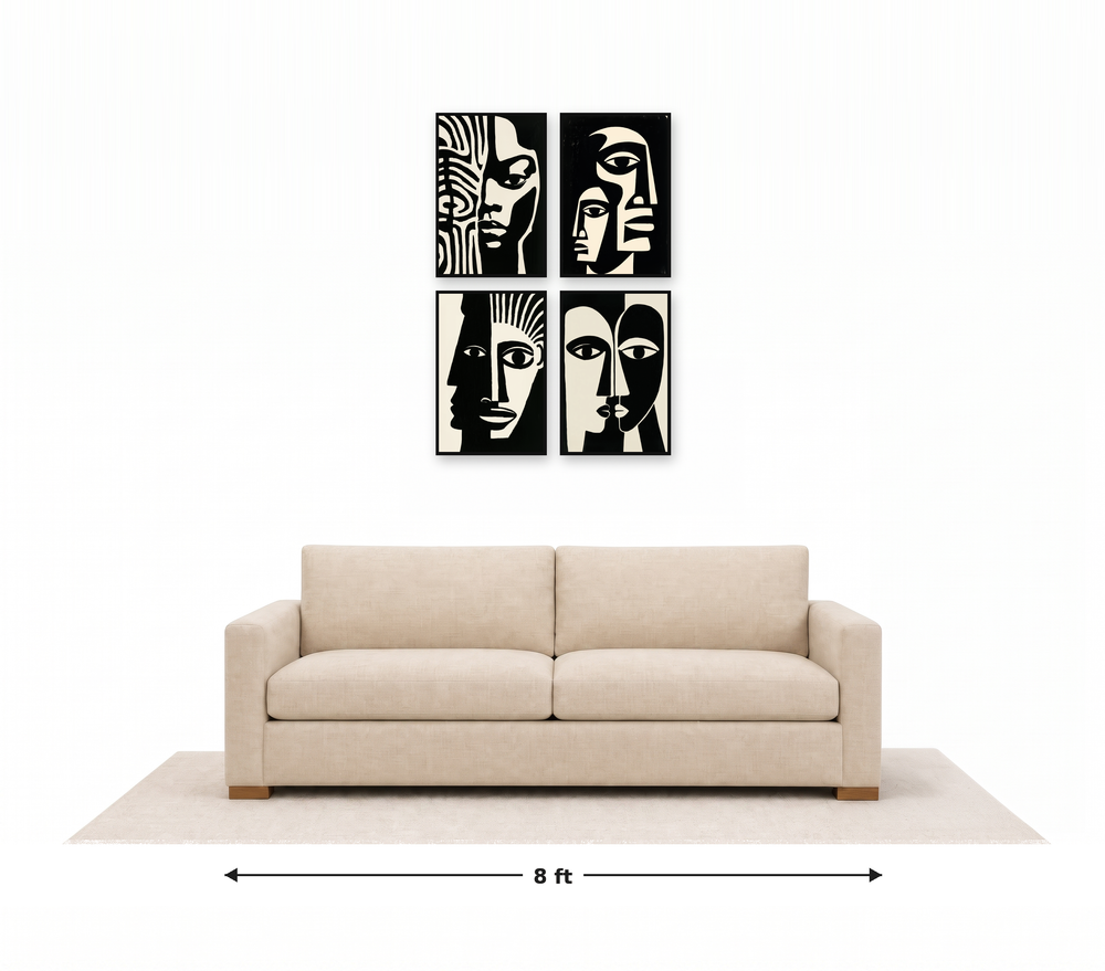 Large gallery wall above an 8 ft couch