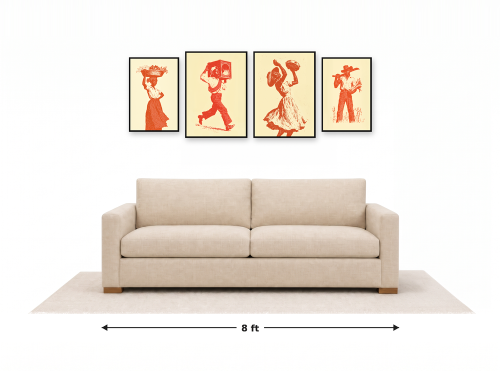 Large gallery wall above an 8 ft couch