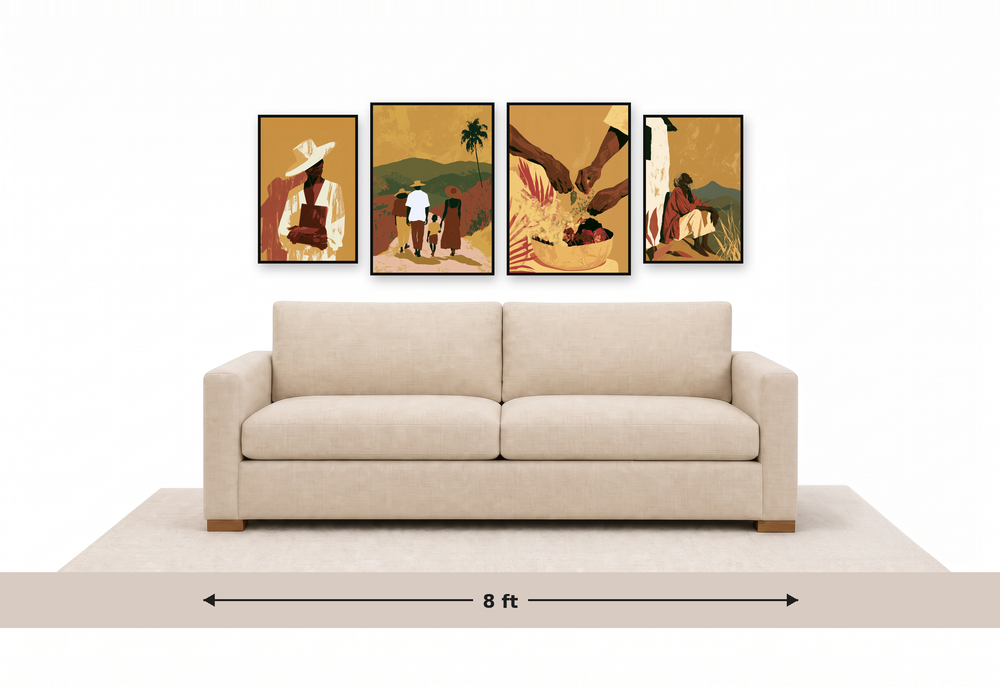 Large gallery wall above an 8 ft couch