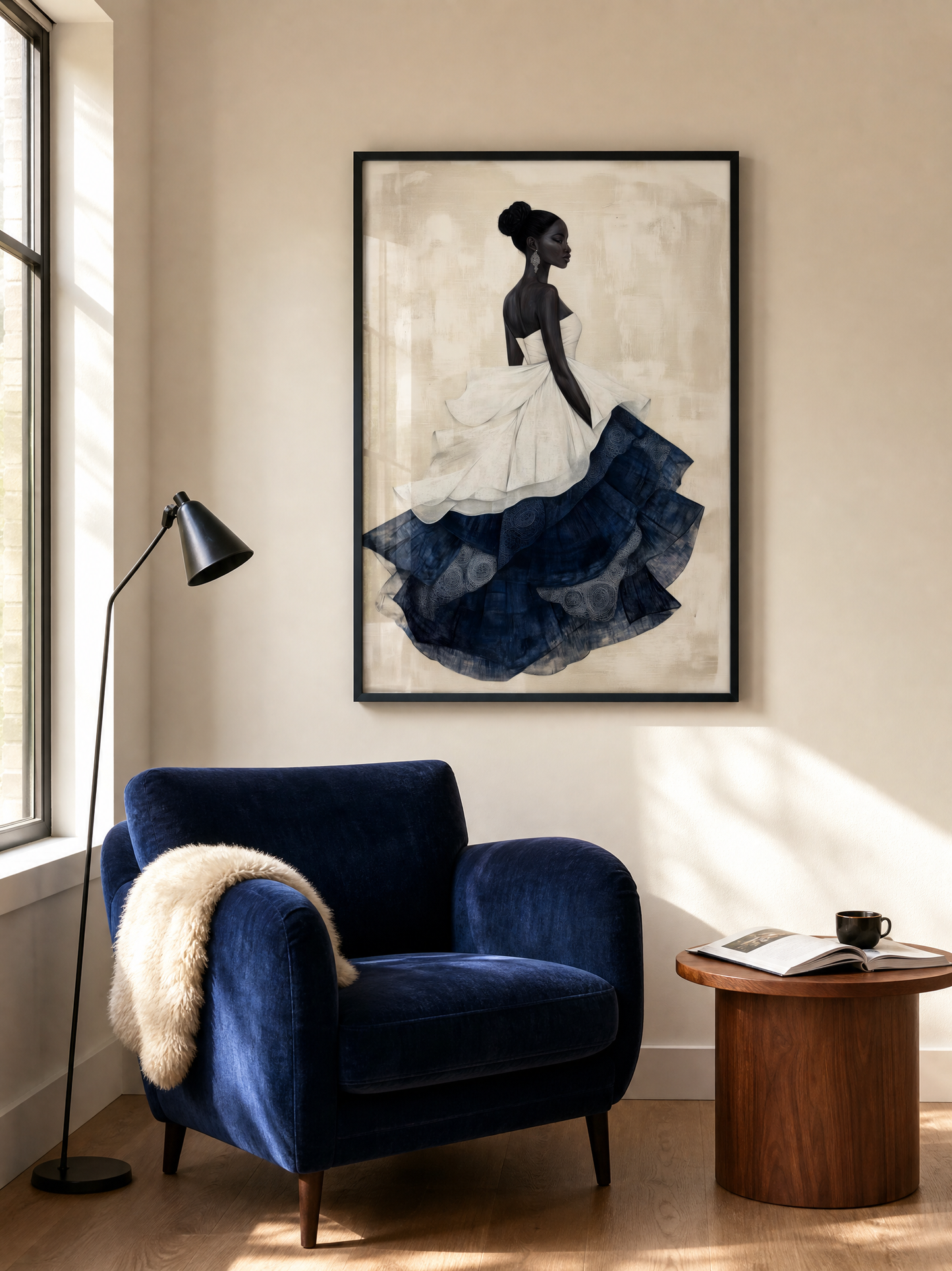 Dazzle in a Blue Dress framed art print styled in a room