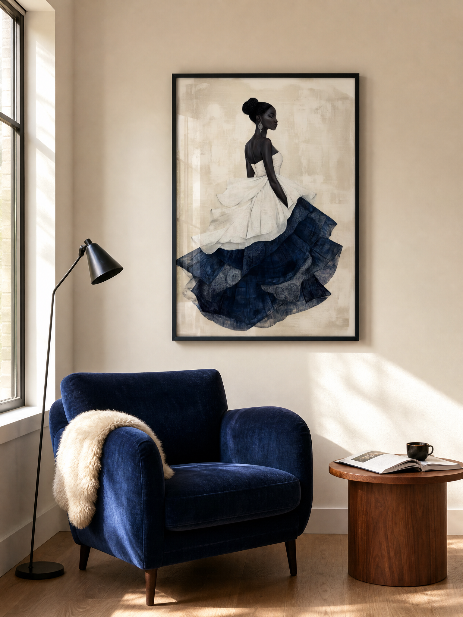 Dazzle in a Blue Dress framed art print styled in a room