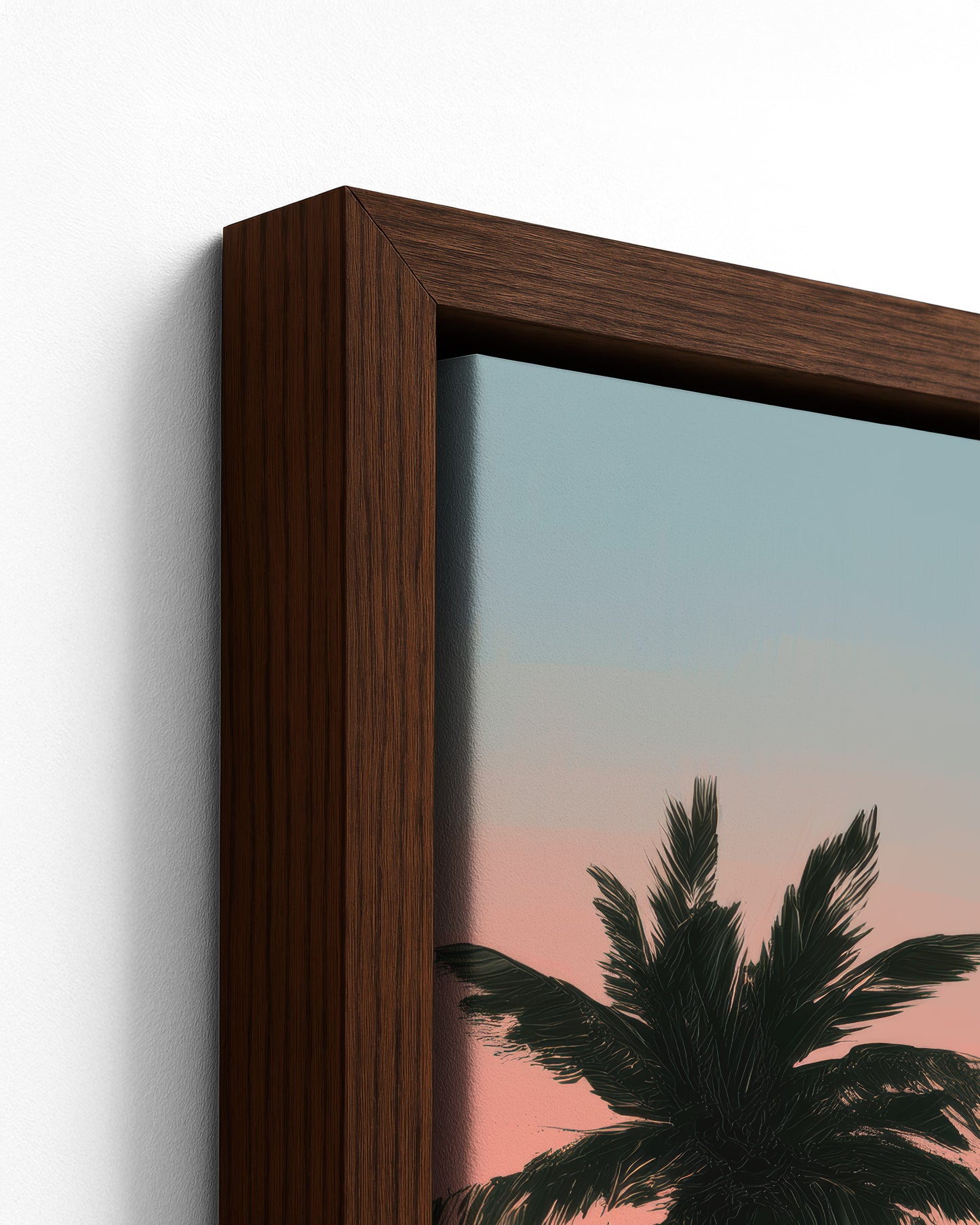 Salted Sunfall dark wood framed canvas corner detail