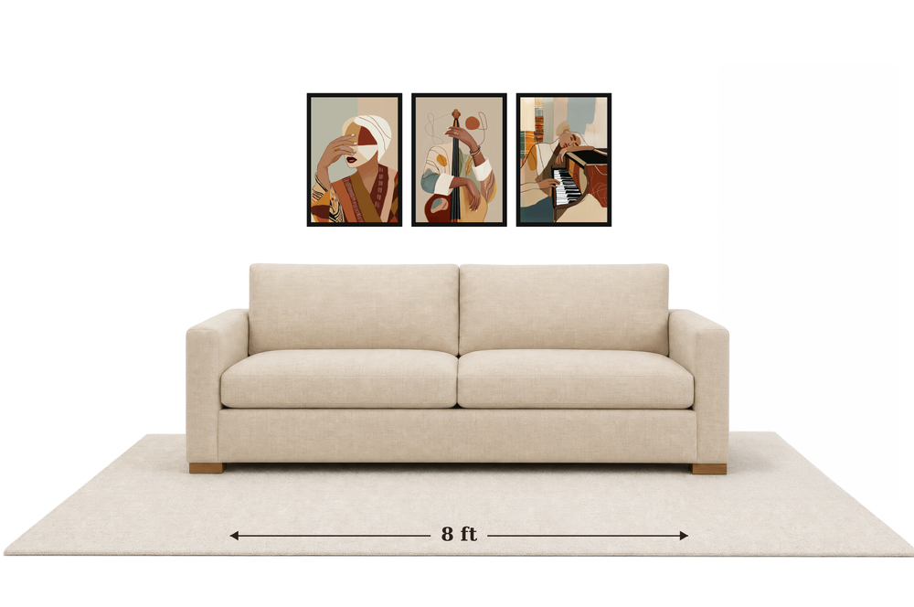 Large gallery wall above an 8 ft couch