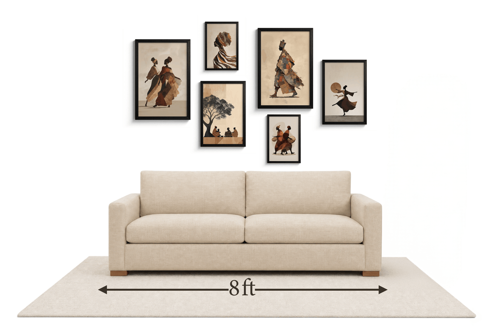 Large gallery wall above an 8 ft couch